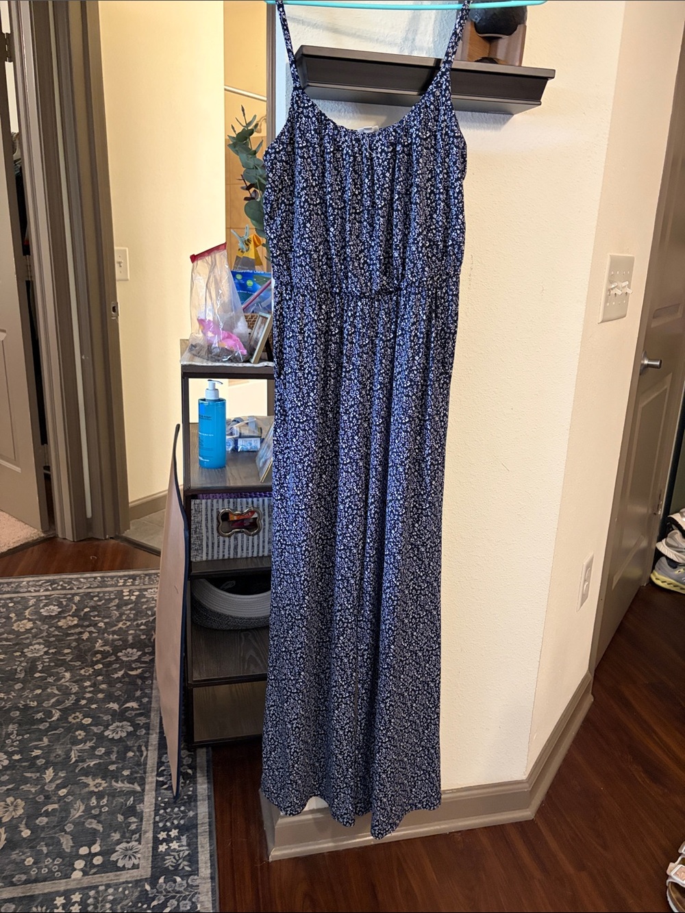 Kaileigh Navy and White Printed Spaghetti-Strap Jumpsuit